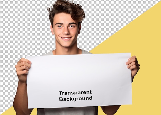 PSD young smilling man showing blank signboard over transparent background cut ut