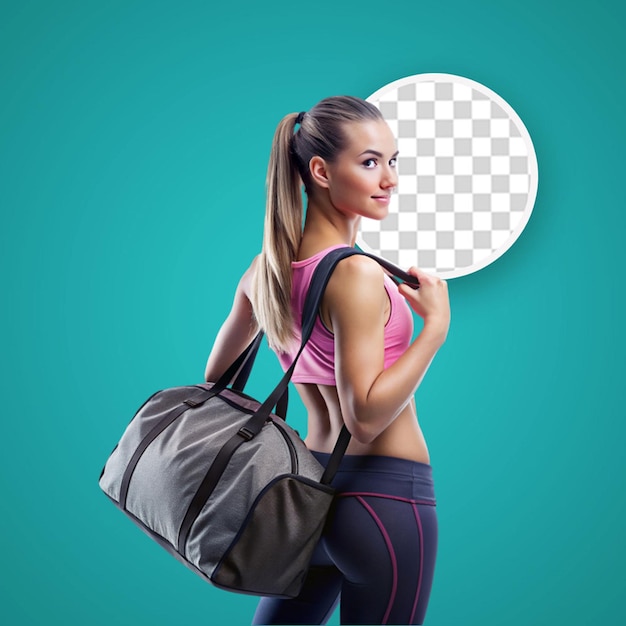 PSD young sport caucasian woman with sport bag isolated background pointing finger to the side