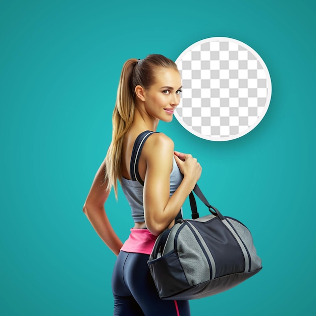 PSD young sport caucasian woman with sport bag isolated background pointing finger to the side