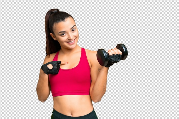 young sport woman making weightlifting with surprise facial expression