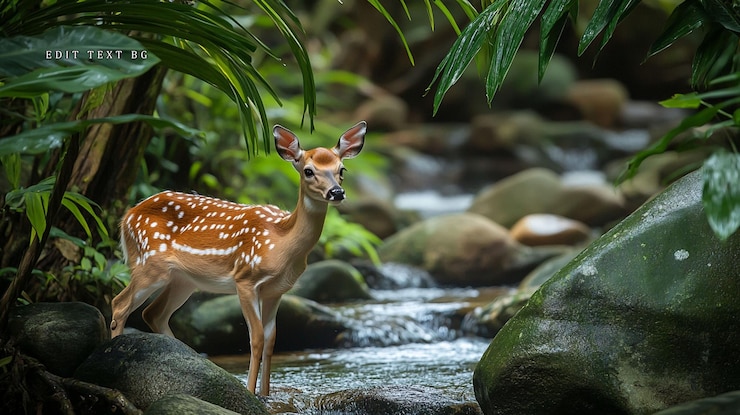 PSD young spotted deer standing in a shallow stream surrounded by lush green tropical foliage