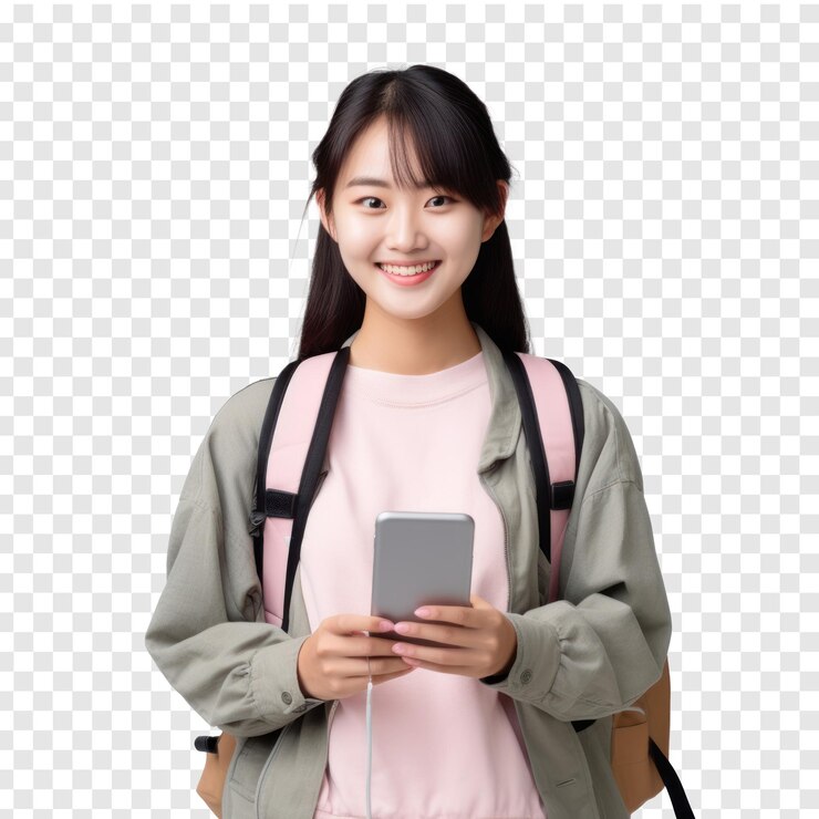 PSD 뒷바닥과 드폰을 들고 웃는 젊은 학생이 투명한 배경에서 카메라를 바라보고 있습니다.
