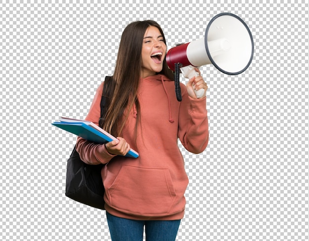 PSD young student woman holding notebooks shouting through a megaphone