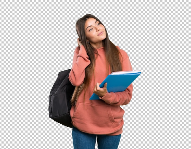 Young student woman holding notebooks thinking an idea