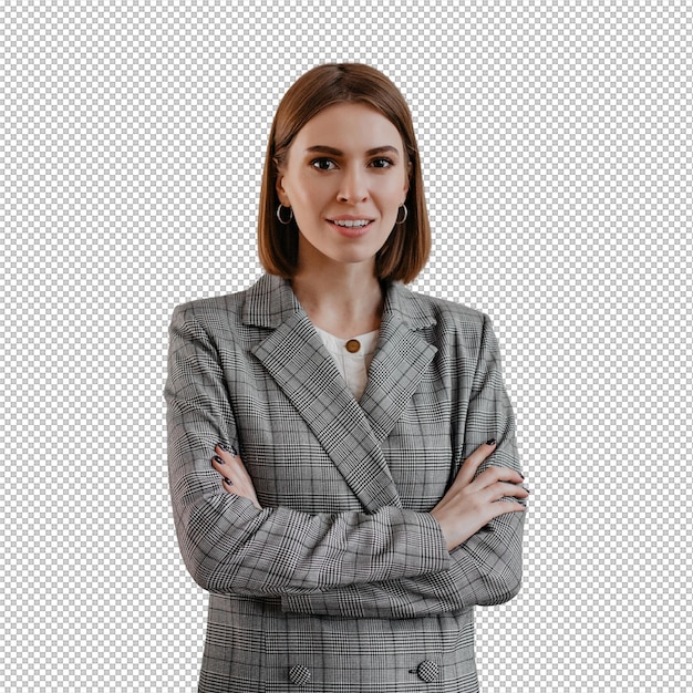young successful woman with brown eyes in classic gray jacket posing in bright office