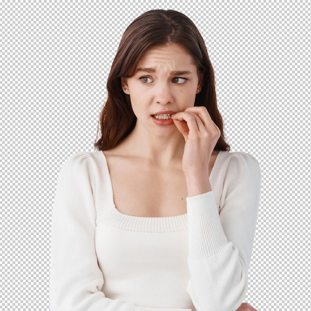 young thoughtful woman showing advertisement pointing finger up and smiling at front giving knowing look standing over white wall