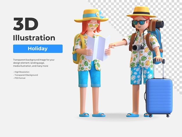 Young tourist couple looking map guide 3D character illustration