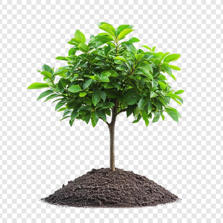 PSD young tree planted in dark soil fresh green leaves nature growth spring planting