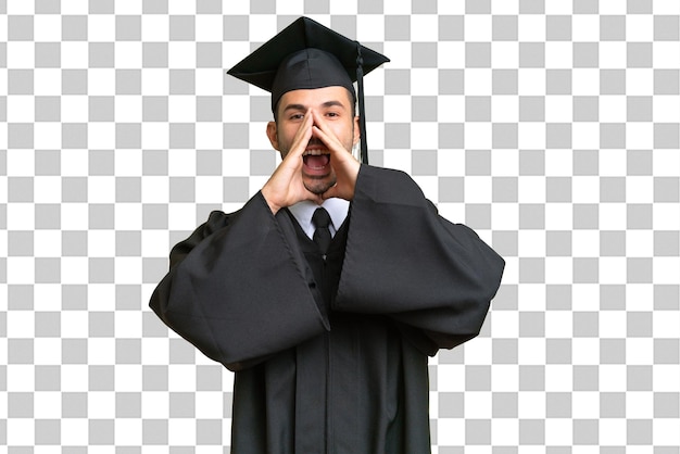Young university graduate man over isolated background shouting and announcing something