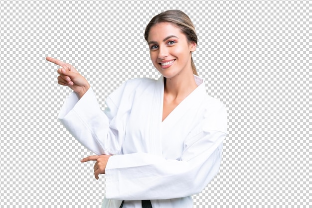 PSD young uruguayan woman doing karate over isolated background pointing finger to the side