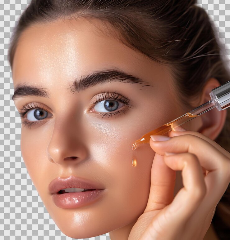 Young woman applying serum to her face looking away on isolated transparent background