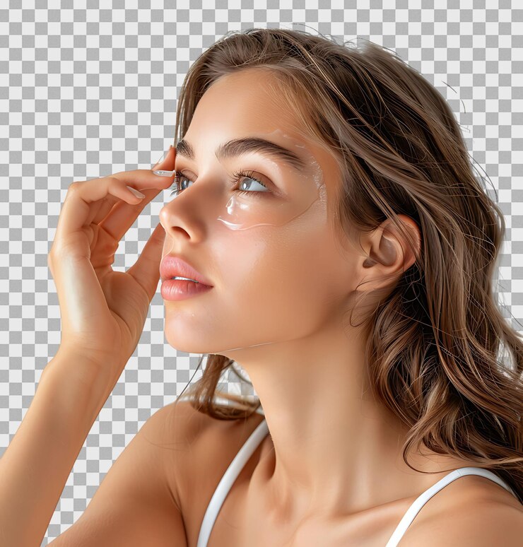 Young woman applying serum to her face looking away on isolated transparent background