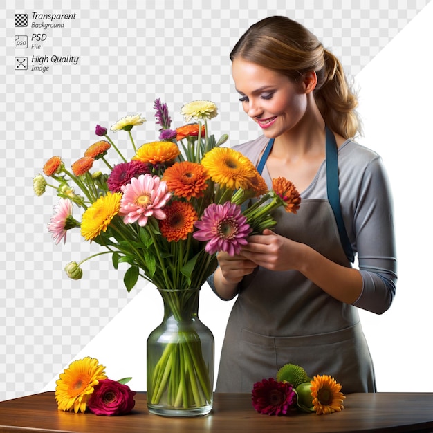 PSD young woman arranging colorful flowers in a clear vase