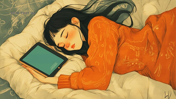 PSD young woman asleep on pillow holding tablet