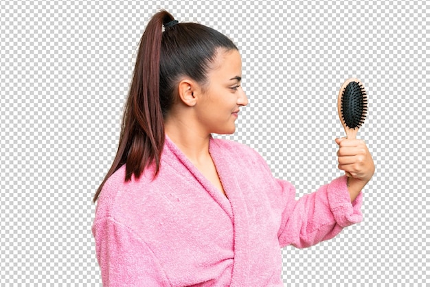 幸せな表情のクロマキー背景を隔離したの毛で浴衣を着た若い女性