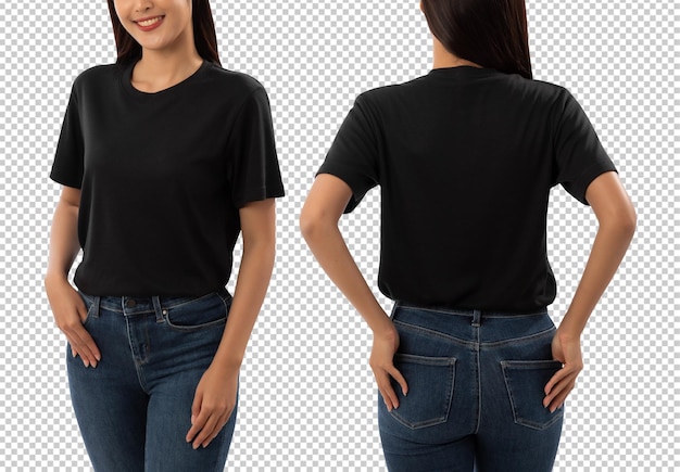 Молодая женщина в черной футболке макет макета Psd файл