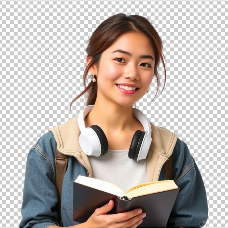 PSD 캐주얼 의상 을 입은 젊은 여성 이 백색 에 고립 된 목 에 헤드폰 을 달고 책 을 들고 있다