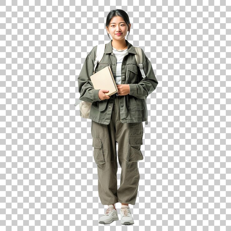 초록색 재과 카키색 바지를 입은 젊은 여성 대학생이 책을 들고 있다