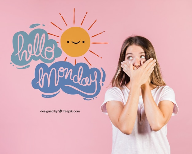 Young woman covering her mouth next to positive message