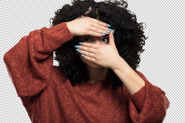 young woman covernig her eyes