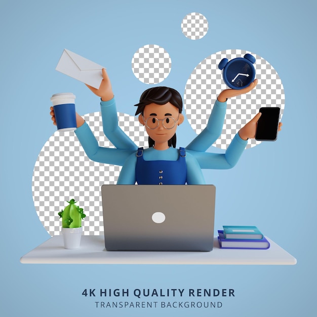 Young woman doing multitasking 3d cartoon character illustration