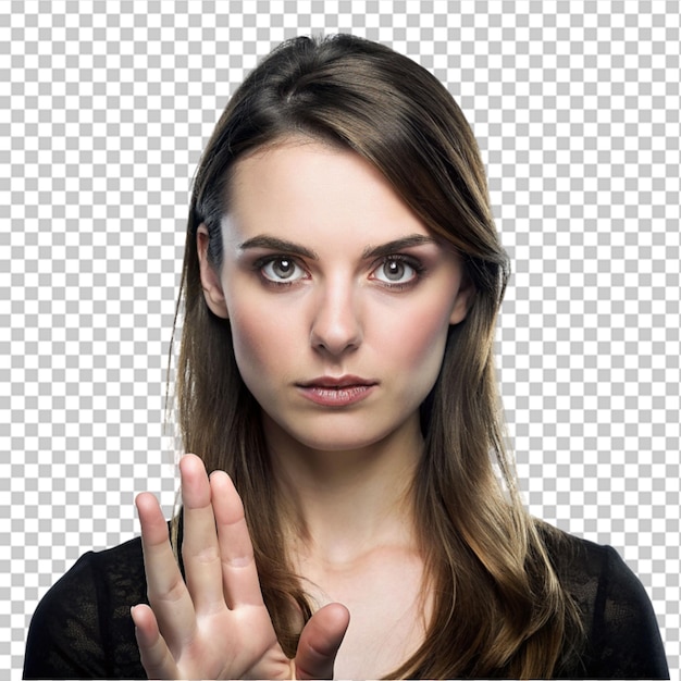 PSD young woman doing stop gesture on transparent background