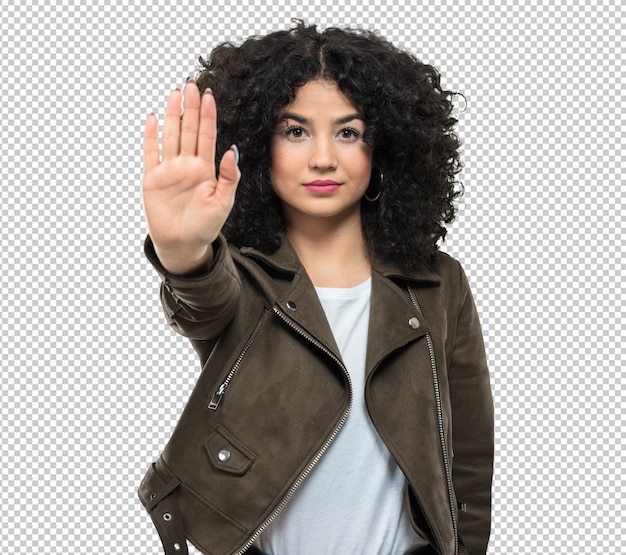 Young woman doing stop gesture