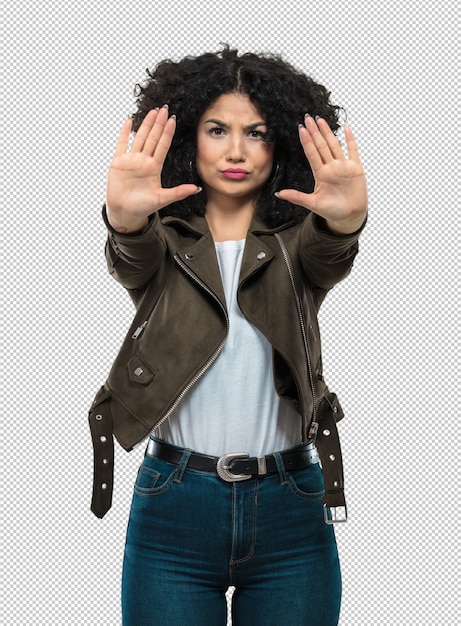 PSD young woman doing stop gesture