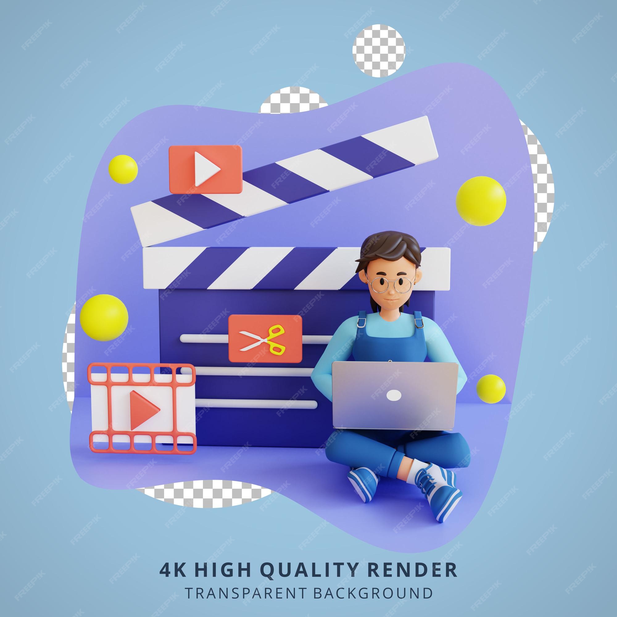 Premium PSD | Young woman editing video 3d character illustration