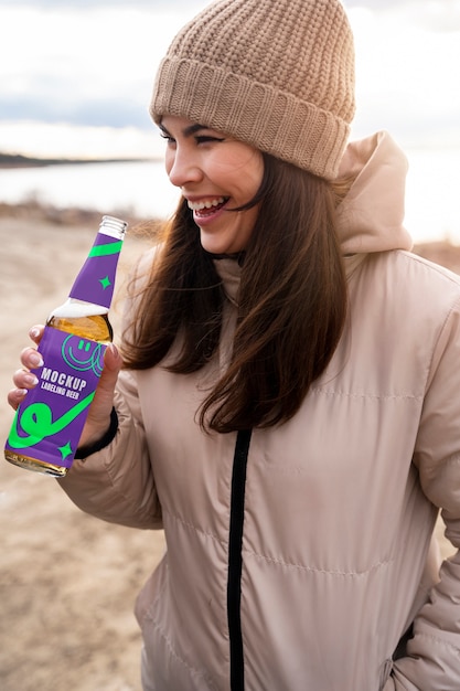 PSD young woman enjoying beverage mockup