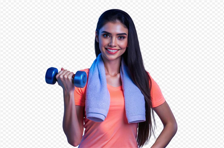 PSD young woman exercising smiling coral pink tshirt white towel around neck
