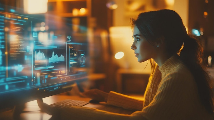 PSD young woman focused on holographic computer screen displaying data visualizations in a modern home office