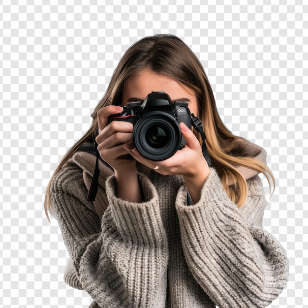 PSD young woman focusing with digital camera on transparency background png