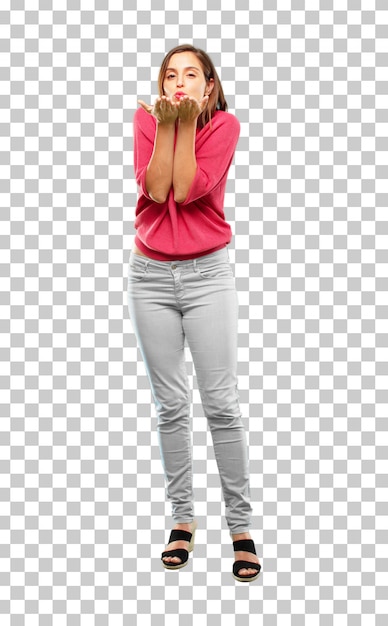 young woman full body. sending a flying true love kiss