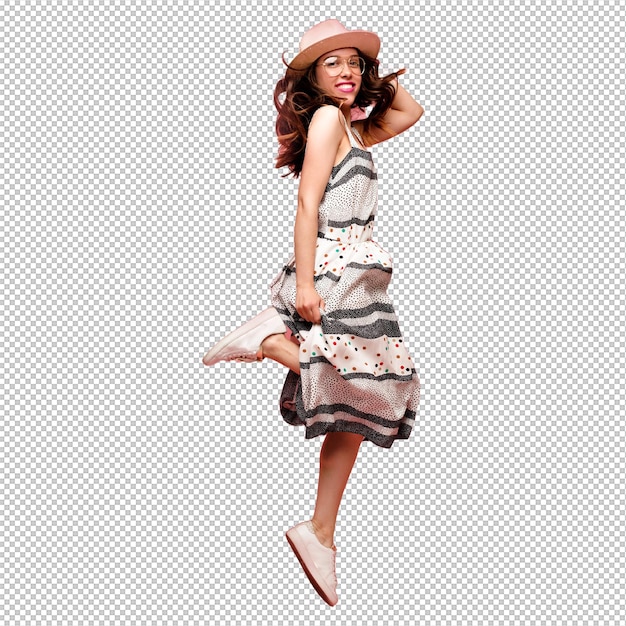 Young woman in grey dress with hat and glasses