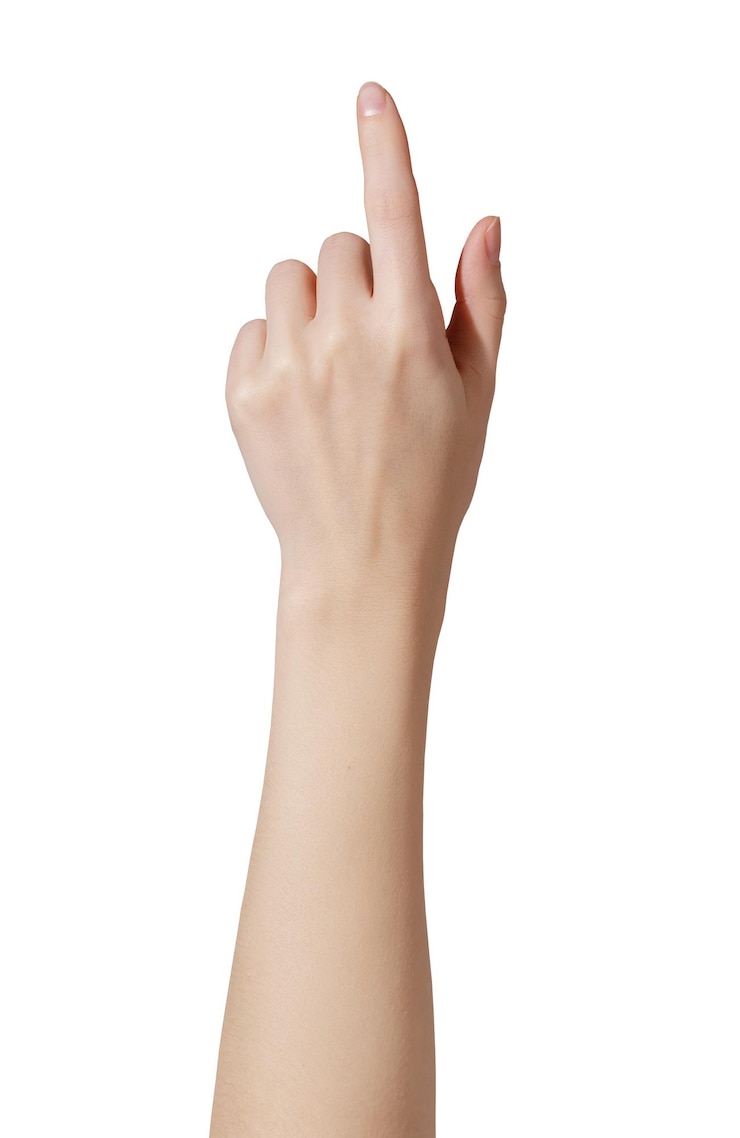 PSD young woman hand touch virtual screen on white background