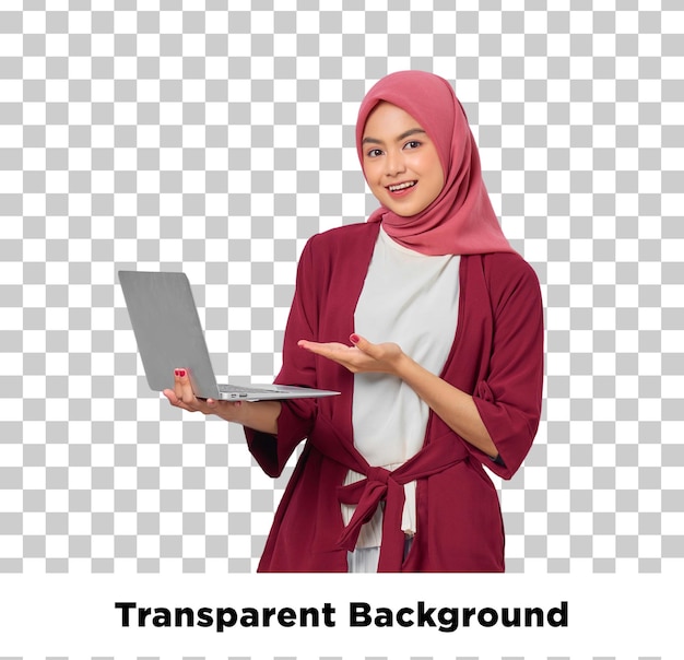 Young woman in hijab smiling while presenting a laptop