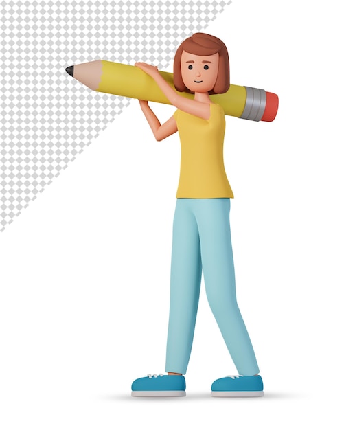 Young woman hold big pencil 3d illustration