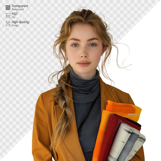 Young woman holding colorful scarves with a serene expression