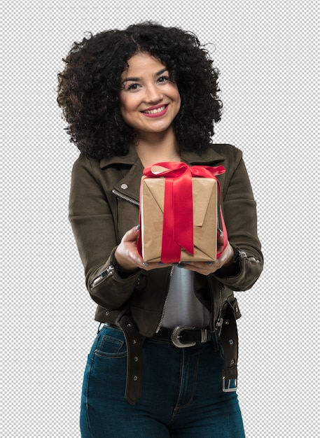 PSD young woman holding a gift