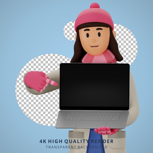 Illustrazione del personaggio dei cartoni animati del computer portatile 3d della tenuta della giovane donna