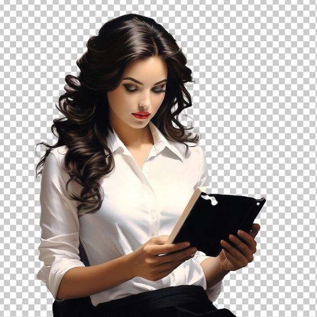 Young woman holding open book isolated on a png background