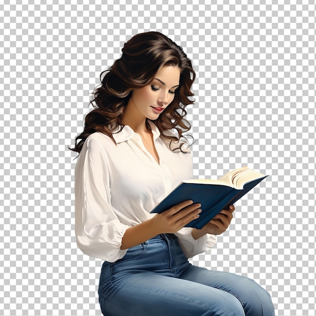 Young woman holding open book isolated on a png background