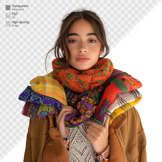PSD young woman in vibrant scarf and jacket posing indoors