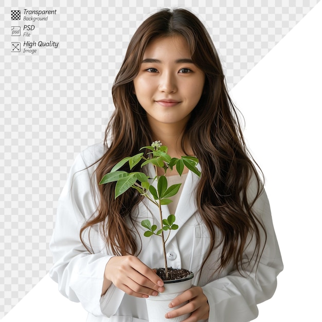 PSD young woman in white coat holding a green potted plant