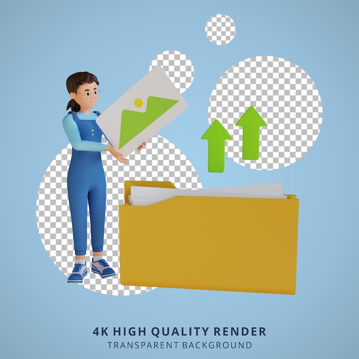 PSD young woman is saving files in a folder 3d character illustration
