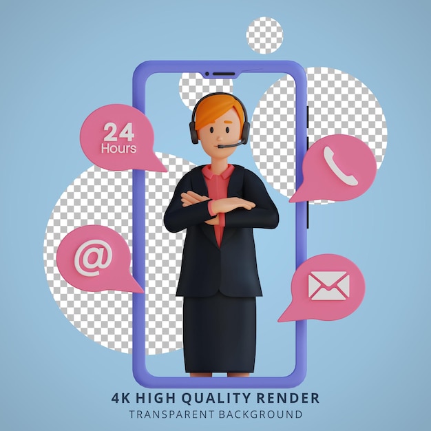 Young woman is serving customers via cellphone 3d character illustration