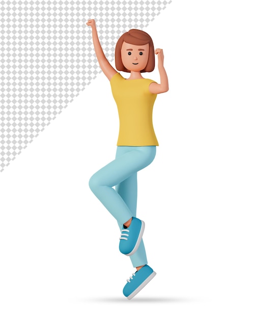 PSD young woman jumping with one hand up 3d illustration