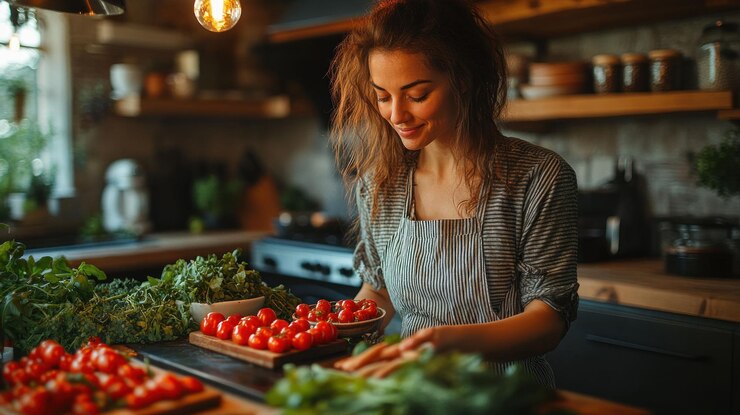 PSD a young woman in a kitchen preparing a meal sorting through red tomatoes she is smiling there are more tomatoes and herbs in the background