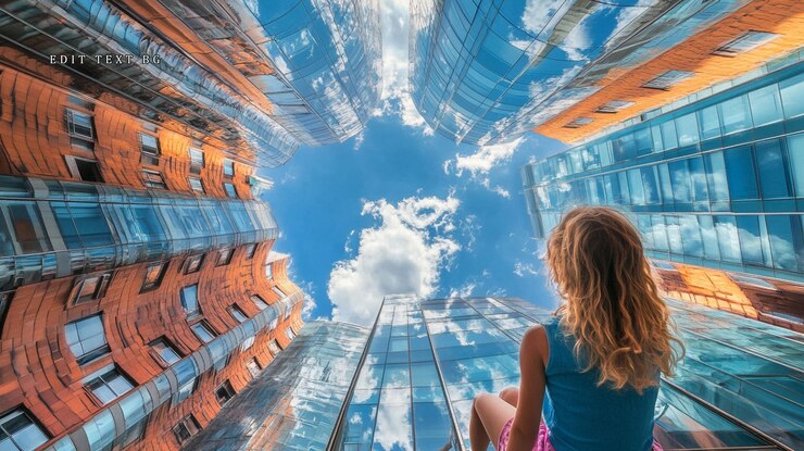 PSD young woman looking up at skyscrapers and blue sky
